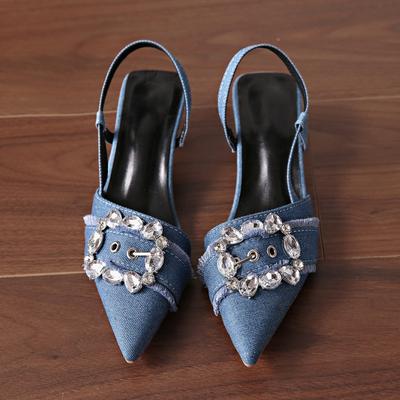 Fashion Women High Heeled Sandals Fashion Denim Rhinestone Glitter Slingback Woman Pumps Pointed Toe High Heels Elegant Woman Shoes
