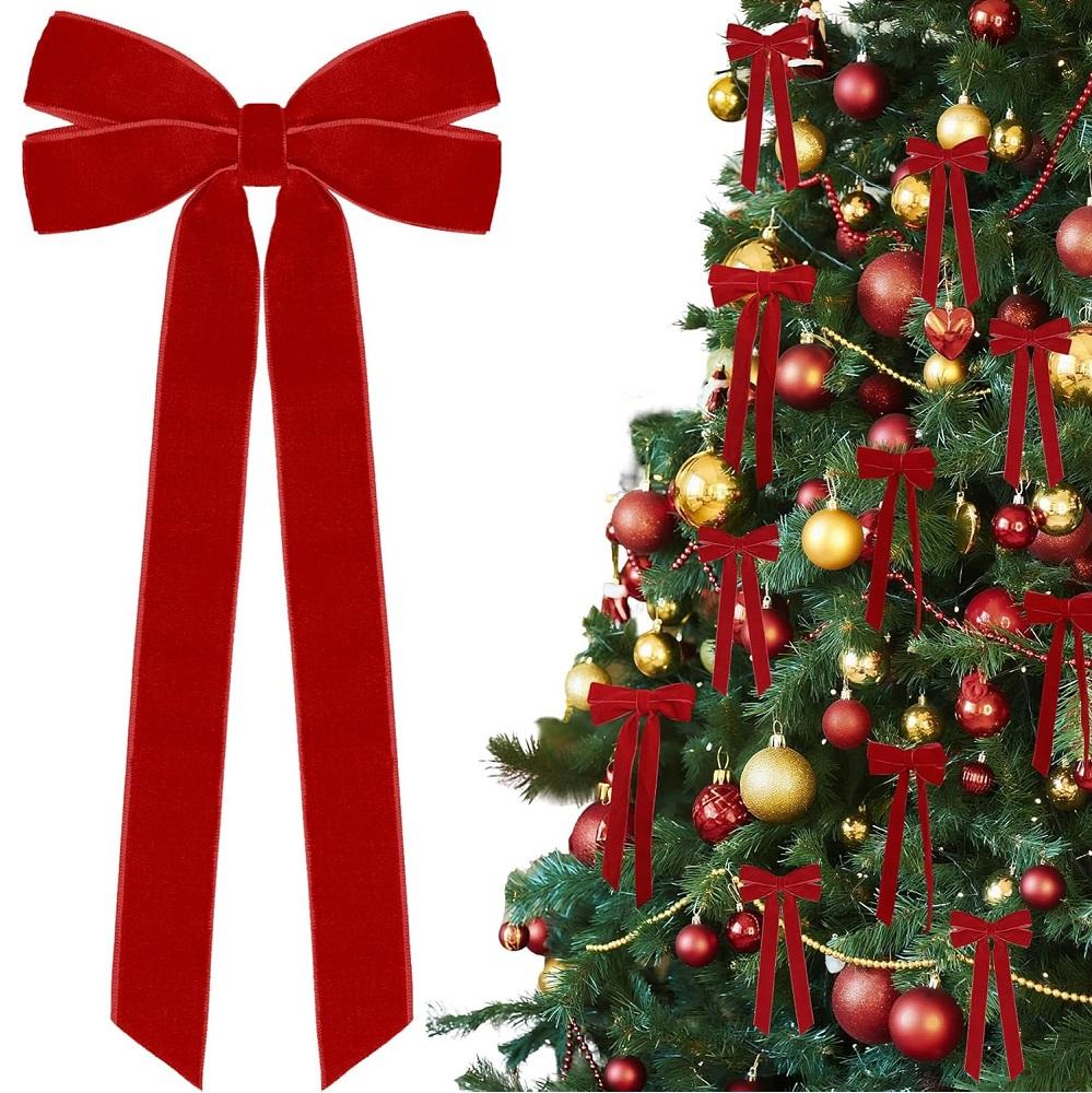 10pcs Velvet Christmas Tree Bows Festive Ribbon Gift Bows for Holiday Wreaths, Decorations Rustic Crafts DIY Hanging Ornaments