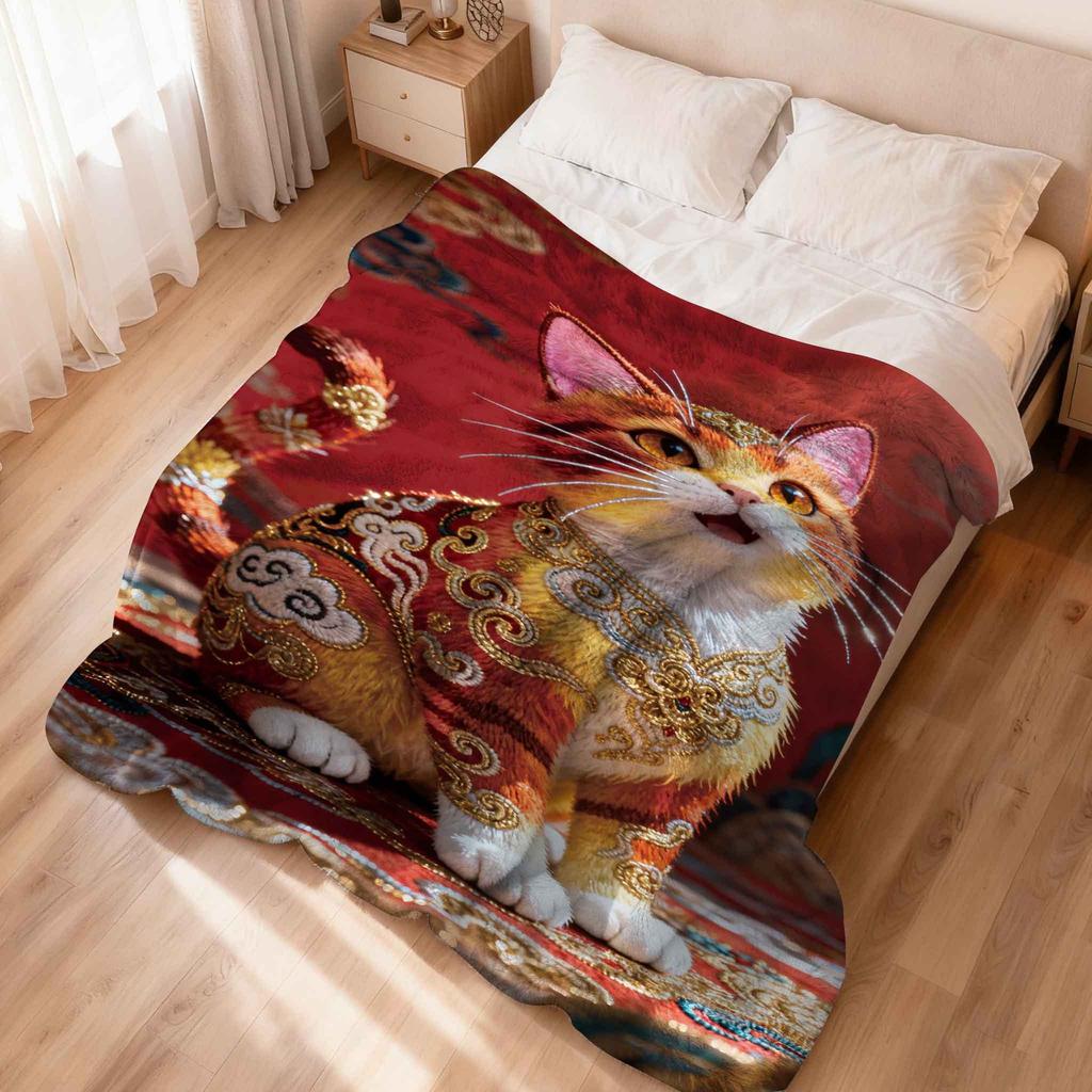 Feng Shui Fortune Cat Theme Flannel Printed Blanket Suitable for All Seasons Suitable for Living Room Office Sofa and Travel