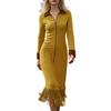 Women's Fashion Solid-Colour Western- Suede Fringe Slim-Fit Long-Sleeved Dress