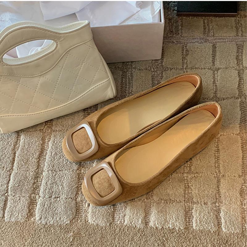 Autumn Round Toe Suede Commuter Flats: Elegant Square Buckle Design for Women