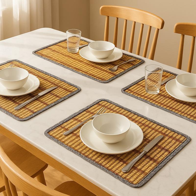 Woven Oval Placemat Nordic INS Bamboo Table Mat with Edge Binding, Heat-Resistant Dining Pad Home Restaurant Western Cuisine