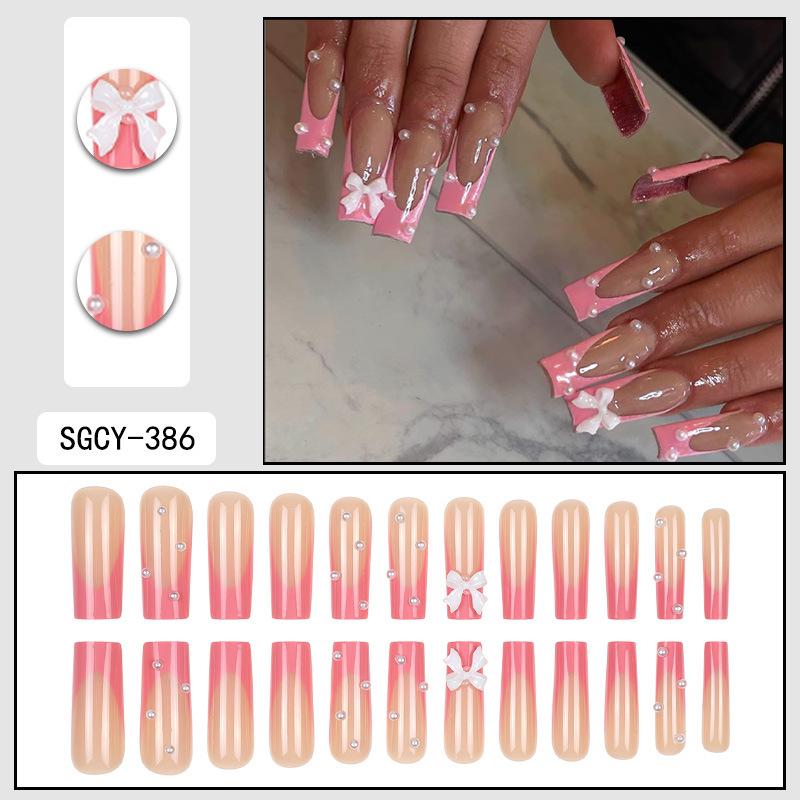 Elegant Long Pink French Bow Pearl False Nail Tips
