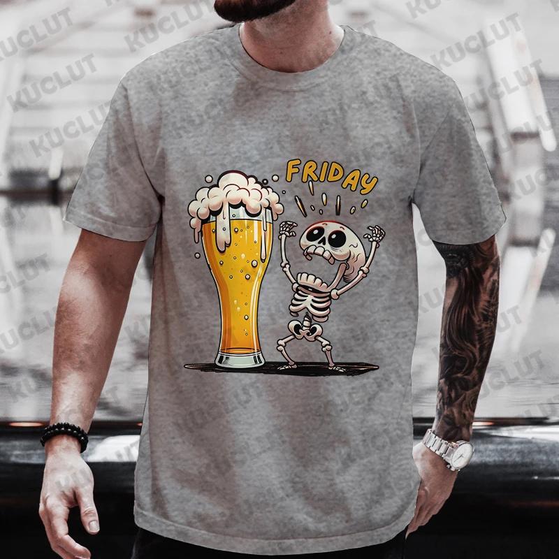Cotton Men's T Shirt Skeleton Enjoying FRIDAY Beer Day Tees Men T-Shirt Finally Friday for Beer Lovers Male Clothes Short Sleeve Tops