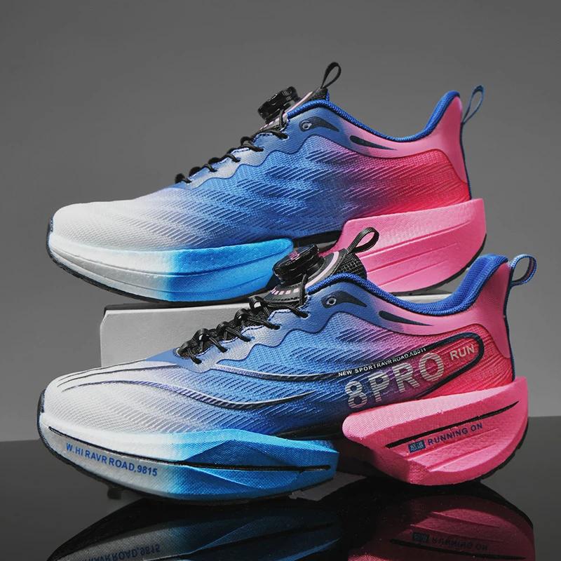 Marathon Carbon Plate Sports Running Shoes Men New Breathable Lightweight Mesh Sport Shoes Women Comfor Rotating Button Sneakers