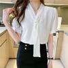 2021 sommer Chiffon Bluse Frauen Mode Weiß Frauen Shirts V-ausschnitt Kurzarm Weibliche Kleidung Mit Krawatte Blusas Mujer 15063