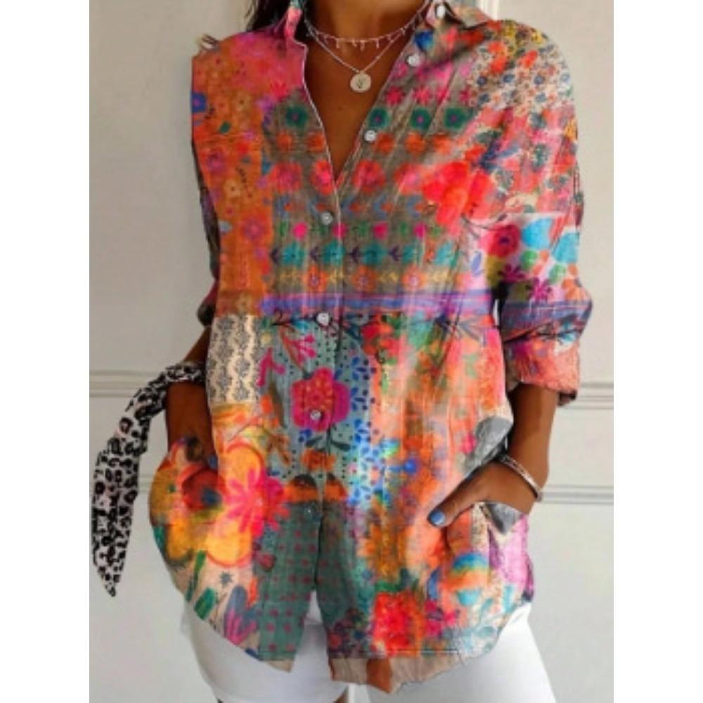 Plus Size Women Long Sleeve Button Shirt Solid Floral Casual Comfort Blouse