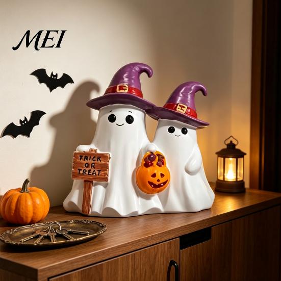 Wizard Hat Ghost Statues Halloween Figurine, Cute Spooky Resin Statue with Figurines for Desk Witch Table, Tiered Tray, Kitchen, Bedroom Decor
