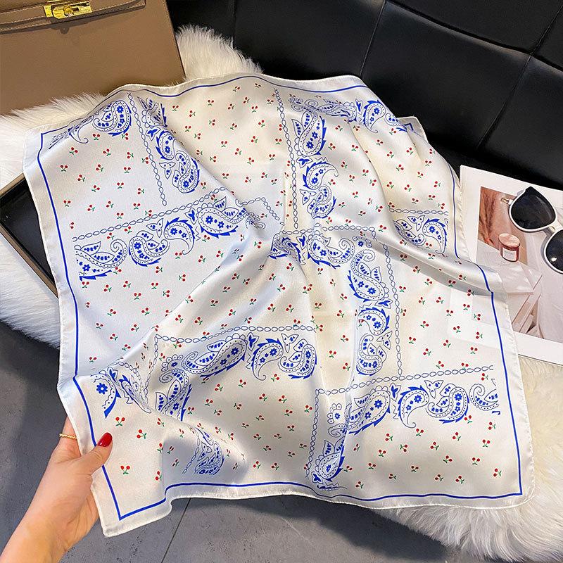 Luxury   Floral Print Square Silk Scarf For Women Hijab Hair Bands 70Cm Neckerchief Female Satin Shawl Ribbon Headband