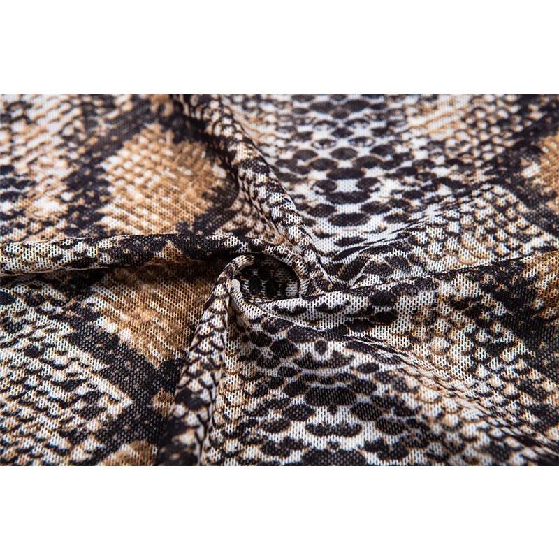 Casual Green Snake Print T Shirt Women Mesh Top Long Sleeve Transparent Snakeskin Female T-shirt High Neck Crop Tops