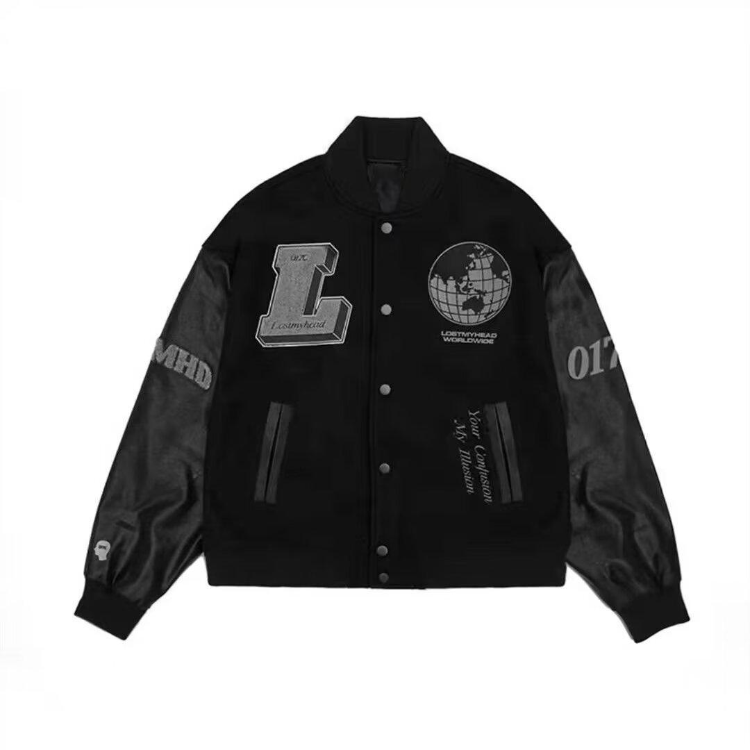 

Бейсбольная куртка унисекс в стиле ретро с вышивкой из флока и рукавами из искусственной кожи 3XL