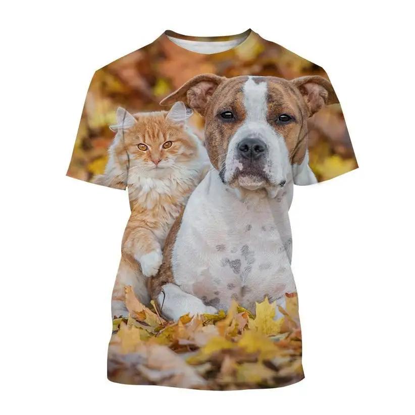 

Breathable Thin T-shirt Girl And Boy Cat And Dog Print Cute Animal Pet Pattern Casual Street Clothing Summer O-neck Kids Top 160