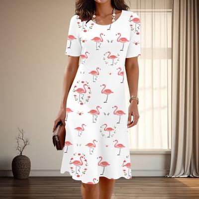 Damenmode Anmutiger Flamingo-Print Sommer Frühling Kurzarm O-Ausschnitt Freizeitkleider