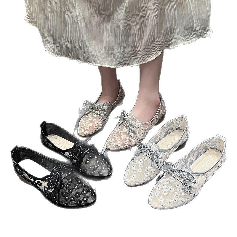 Mesh single shoes women's flat bottom new bow Mary Jane shoes soft sole breathable beanie shoes