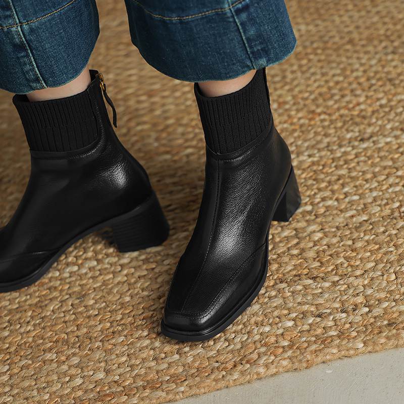 Krazing Pot Sheepskin Autumn Winter Shoes Thick Heels Size 42 Square Toe Zipper Knitwear Vintage Ankle Boots