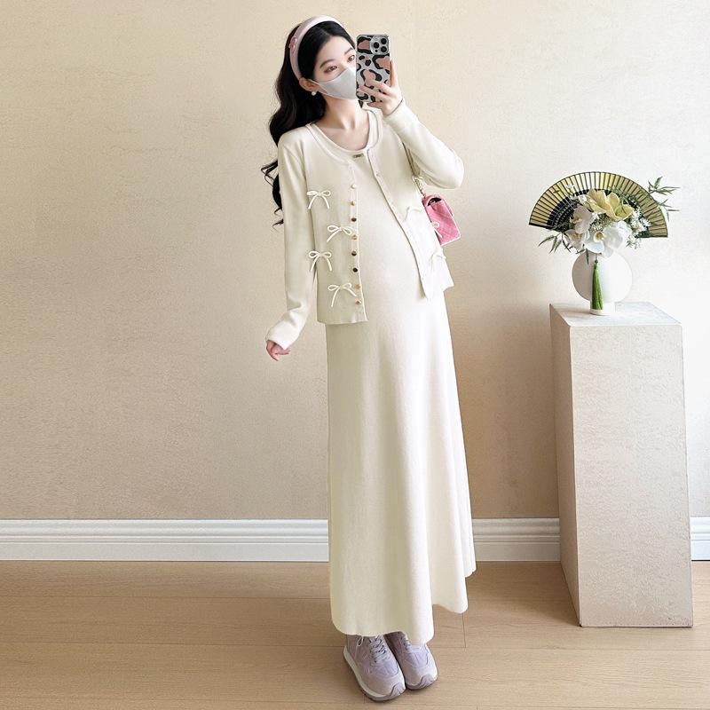 Trendy Plus Size 2025 Autumn Maternity Knit Cardigan & Long Dress Set XL