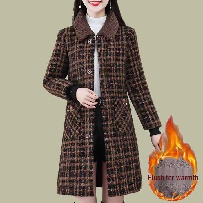 

2025 Autumn/Winter Plaid Woolen Coat: Plus Velvet Mid-length for Middle-aged & Elderly Women. XL коричневый