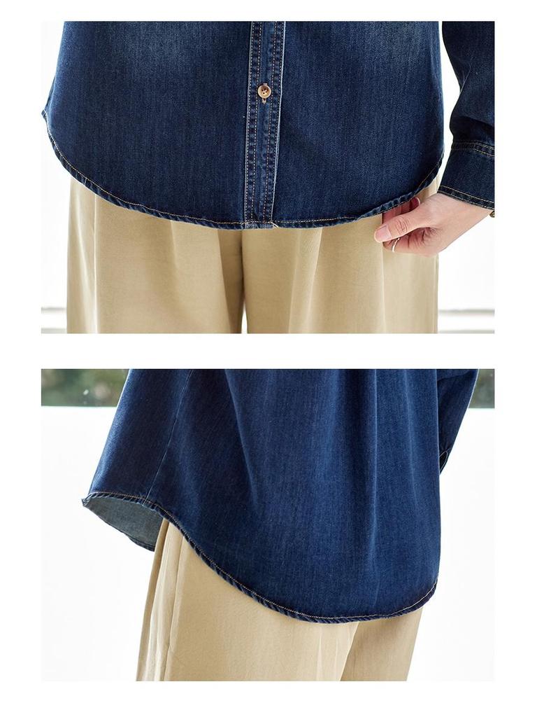 Women's Long Sleeve Retro Blue Denim Shirt Jacket with Ruffled Collar - 2026 Spring Arrival