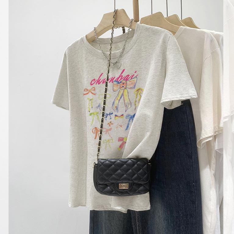 Summer niche bow print T-shirt women s sweet age-reducing short-sleeved ins trendy cotton straight shoulder thin top S