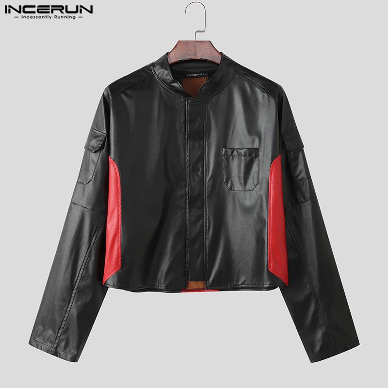 INCERUN Autumn Men Collarless Long Sleeve Zip-up PU Leather Casual Cropped Coats Jackets