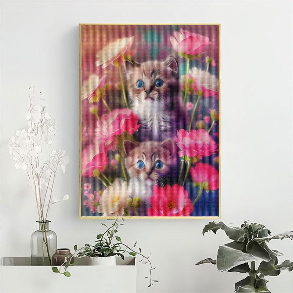 5D DIY Diamond Painting Flower Cat Full Round Diamond Embroidery Animal Mosaic Cross Stitch Handmade Gift 30x40cm/12x16inch