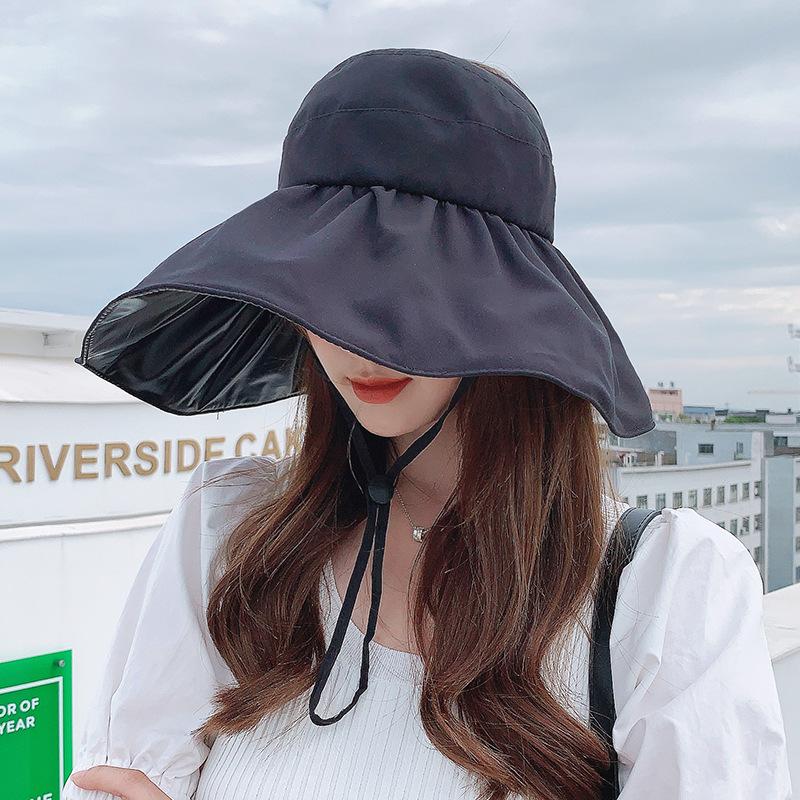Wide Brim Solid Empty Top Sun Hats for Women Black Plastic Anti-UV Summer Hat Breathable Beach Sunshade Hat Foldable Visor Cap