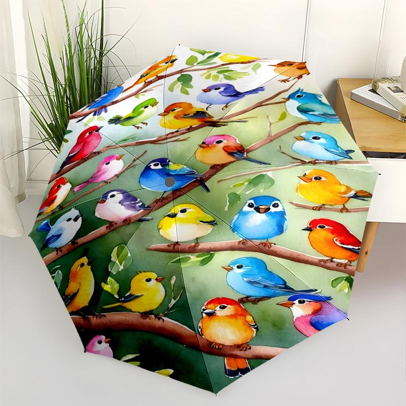 Colorful Birds Branches Portable Automatic Umbrella Sturdy 8-Rib Shaft Durable Plastic & Iron Travel Essential Fashionable Birthday/Christmas Gift