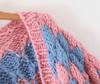 European Color Block Wave Pattern Chunky Knit Lantern Sleeve Cardigan for Autumn/Winter Women.