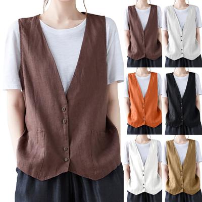 Women's Sleeveless Cotton Linen Vest Button Down V Neck Waistcoat Jacket