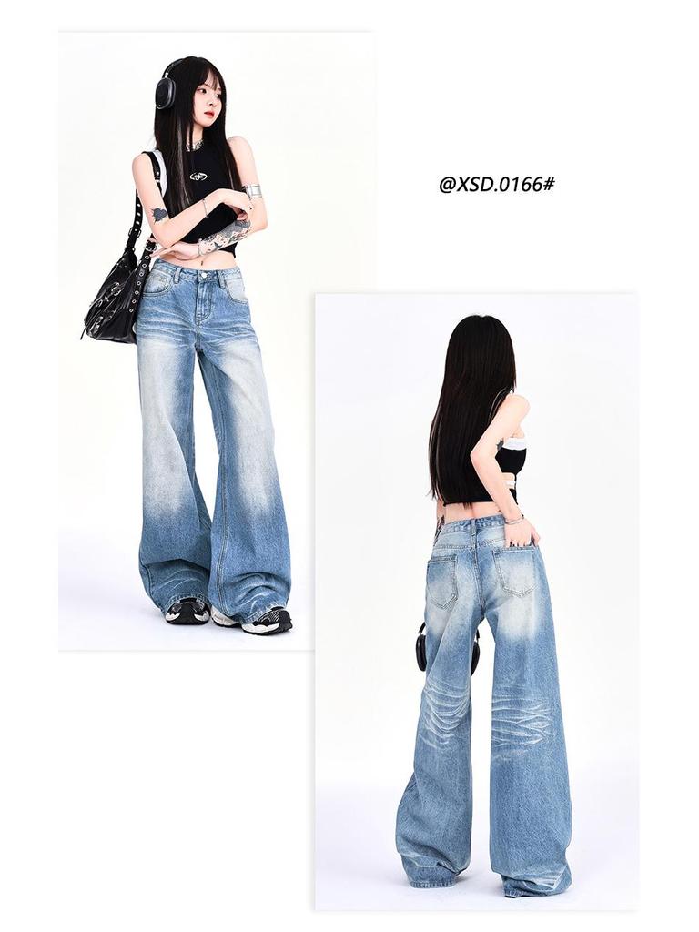 Women's 2024 Retro Low-Rise Wide-Leg Creased Distressed Jeans