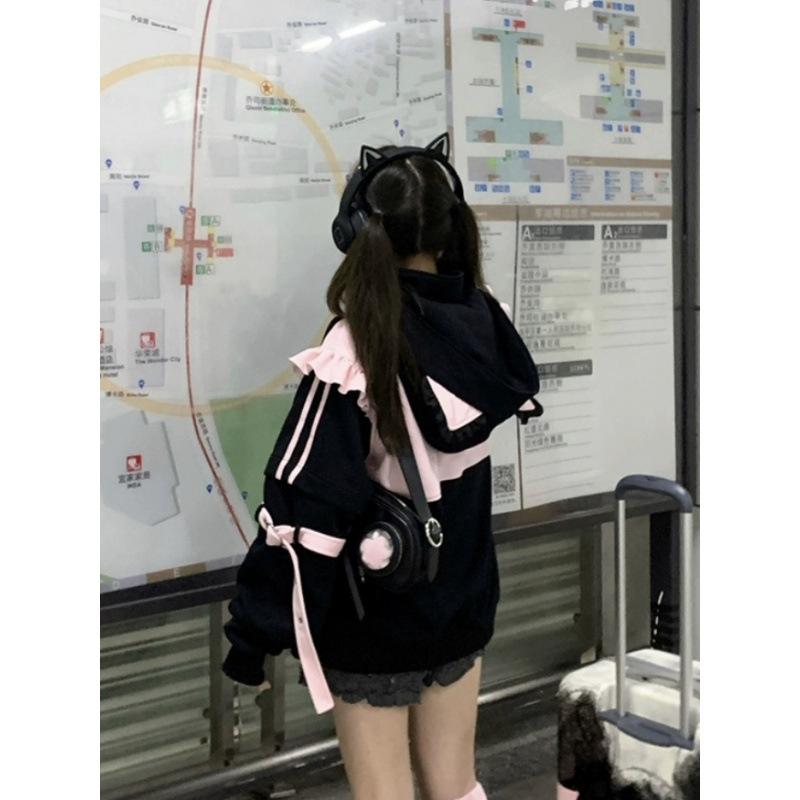 Women Japanese Sweet Coats Y2K Clothing Hoodie Tops Autumn Spring Color Match Splicing with Thick Velvet Cardigan Jackets