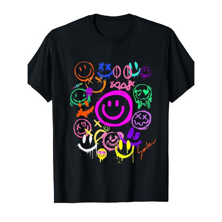 Men S & Women S Retro Neon Graffiti joyful Face Graphic T-Shirt - Soft Relaxed Fit Short Sleeve Tee with Smileys, joyful & Winking Faces - Casual S чёрный