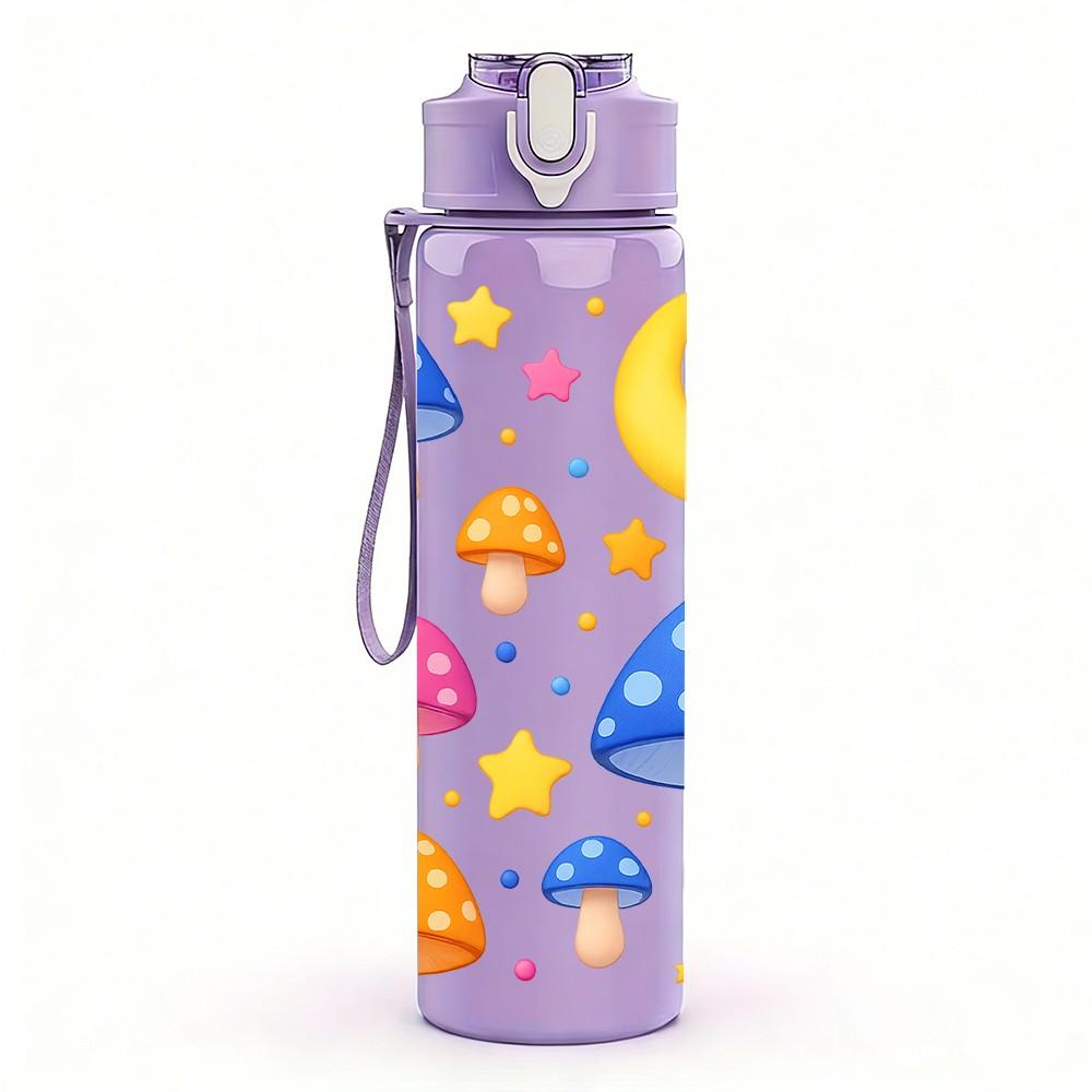 1PC Mushroom Moon Star Night Cartoon Print 750ml Color Plastic Sports Water Bottle Leakproof Flip Straw Lid Suitable for Sports Office Home Use
