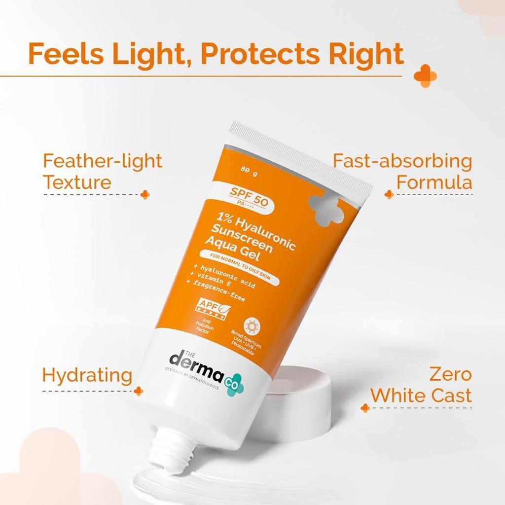 The Derma Co 1% Hyaluronic Sunscreen Aqua Gel | Hydrating, Lightweight & Non-Greasy | Blue Light Protection | 80 g