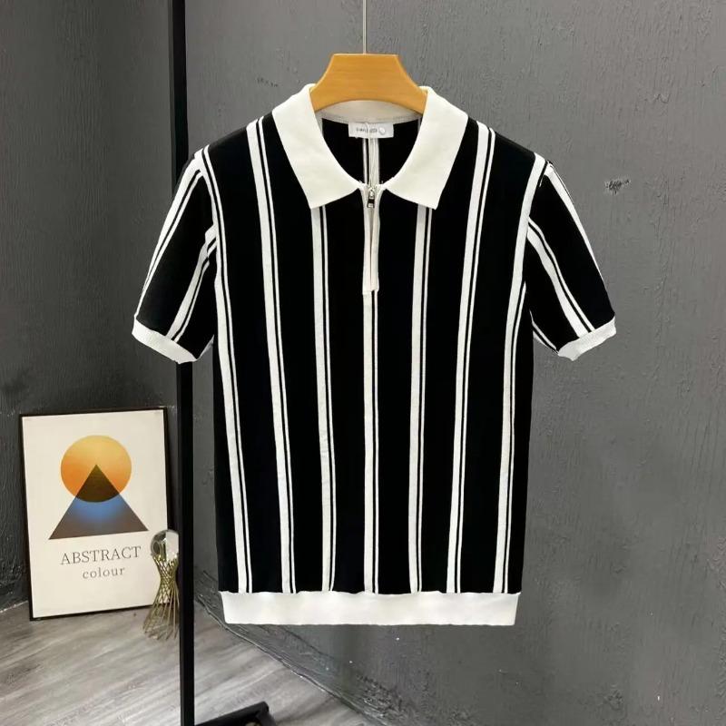 

Summer Men s Knitting Stripe Short Sleeve T Shirt Men Casual Button Fashion Fashion Polo Shirt XXL чорний