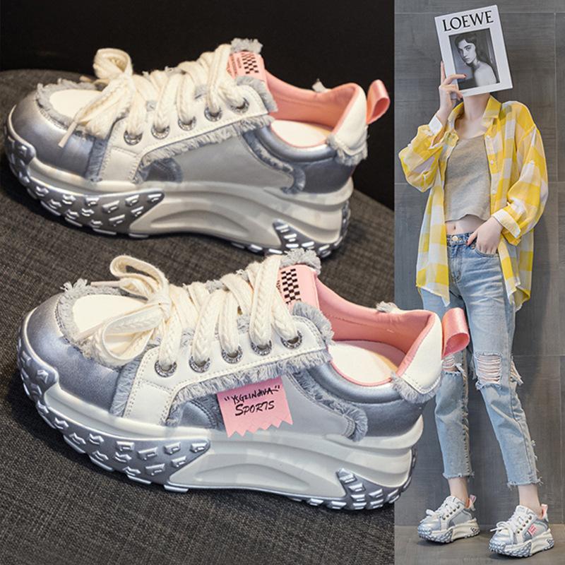 Spring Summer Increased 5CM Women Platform Sneakers High-quality Microfiber Leather Lace-up Women Vulcanized Shoes  Mujer