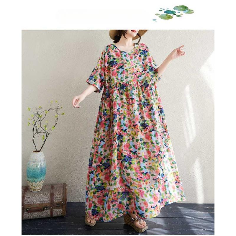 Women's Cotton and Linen Round Neck Short Sleeved Simple Floral Long Skirt, Long Girl