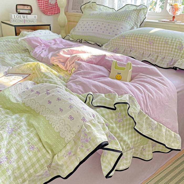 Kapok wrinkled double-layer yarn ruffle leaf edge summer quilt four-piece set washing machine washing air conditioner quilt