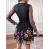 Fashion Embroidery Mesh Patchwork Long sleeve dress Waist Hugging Short dress Long Sleeve Short Dress