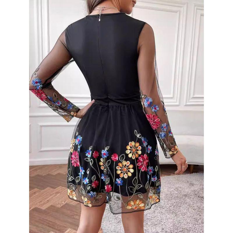 Fashion Embroidery Mesh Patchwork Long sleeve dress Waist Hugging Short dress Long Sleeve Short Dress