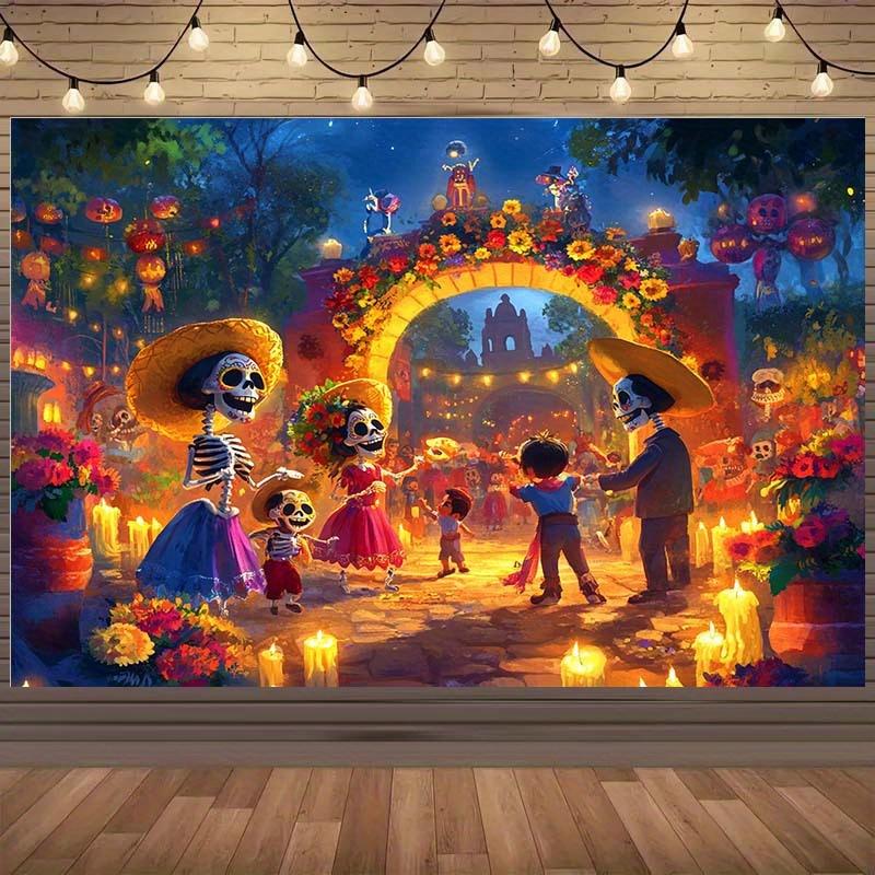 One background cloth for the Day of the Dead celebration featuring skulls candles and flowers - vivid party decoration 100x150cm