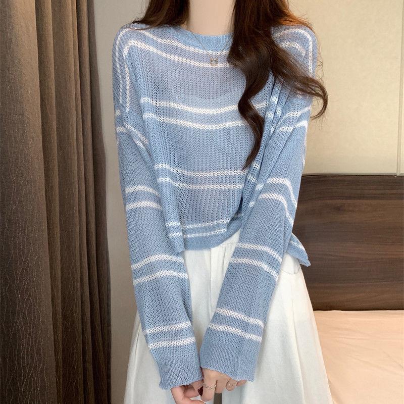 Women's Blue Striped Thin Knit Top Spring Autumn Thin Lazy Style Loose Sun Protection Cover-up Hollow Out Short Top Summer
