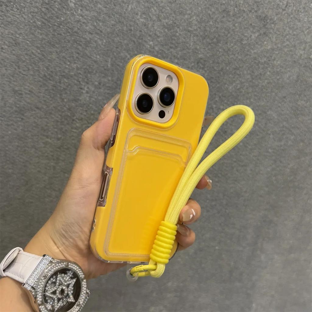 Wrist Strap Card Slot Po Clip Soft Shockproof Case For iPhone 17 16 15 14 Plus 13 12 Pro Max 11 Candy Color Lanyard Cover