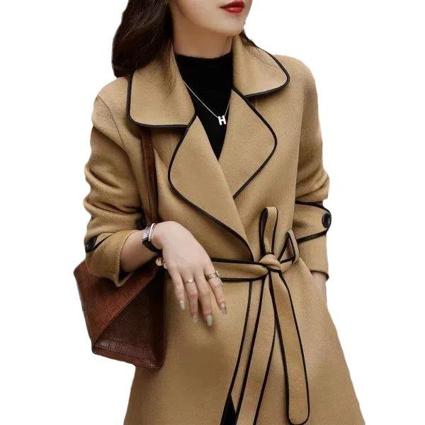 Korean Style Women's Slimming Imitation Cashmere Wool Coat - Color Block Mid-Length for Autumn and Winter