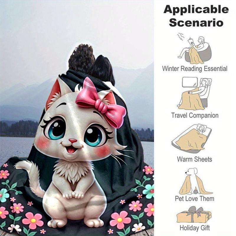 1pc Cute Cartoon Cat with Pink Bow Blanket - Seasonal Home Decor, Throw Blanket for All Seasons, for Decorating Your Own Sofa and Living Roo