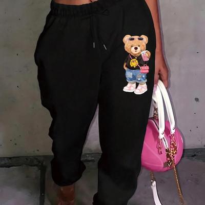 Kartonmuster Bärenaufdruck Lässige Basic Damen Hose, Lockere Modehose mit Kordelzugtaschen Sweatpants Weiblich Neu