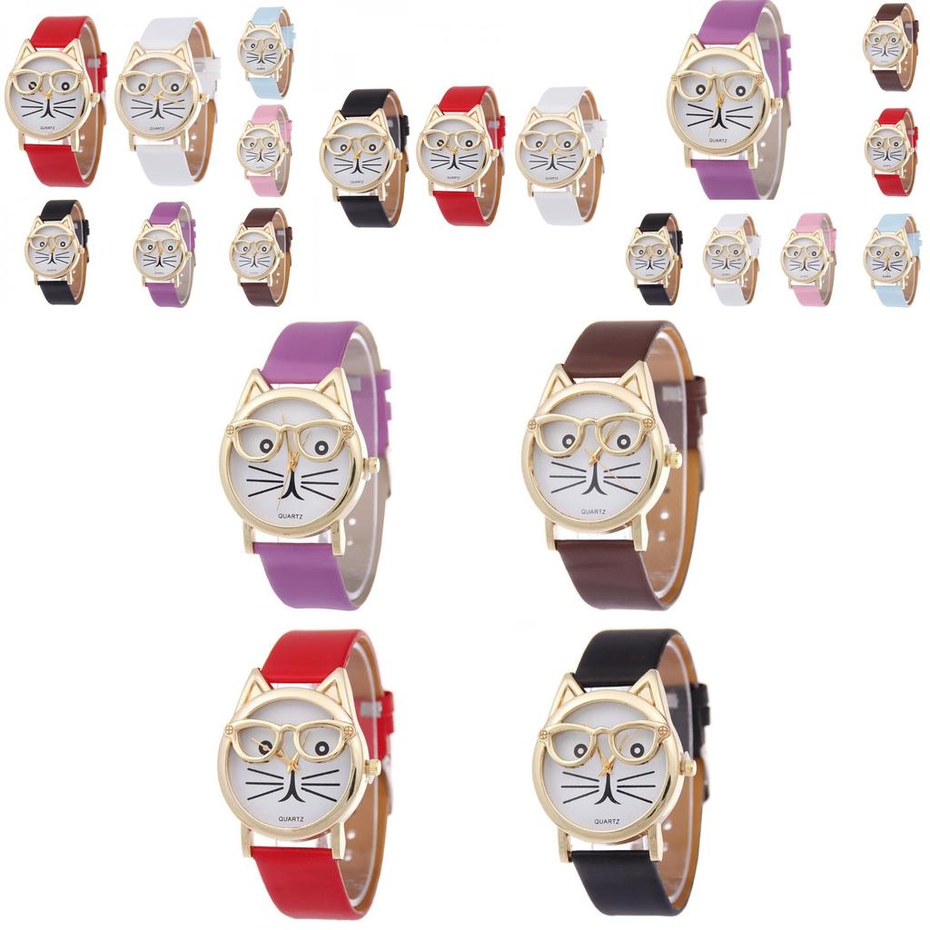 Adorable Cat Face Women's Quartz Watch With Leather Strap Cartoon Design