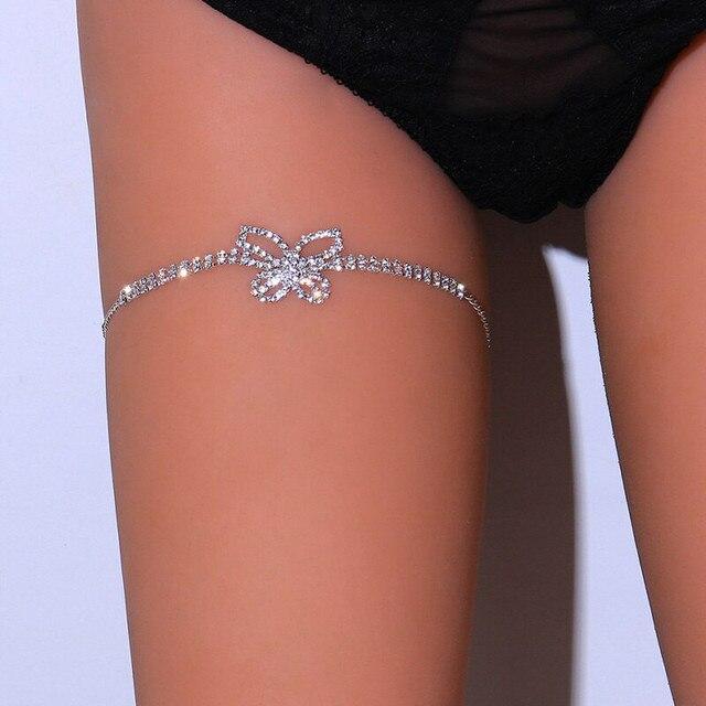 Motýlí/srdíčkový štrasový řetízek na nohy pro ženy Luxusní stříbrná barva/zlatá barva Full Bling Iced Out Body Stehno