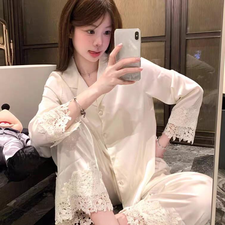 Pajamas Women's Ice Silk Long-sleeved Thin White Moonlight French Silk Lace Water-soluble Flower Loungewear Set Can Be Worn Outside