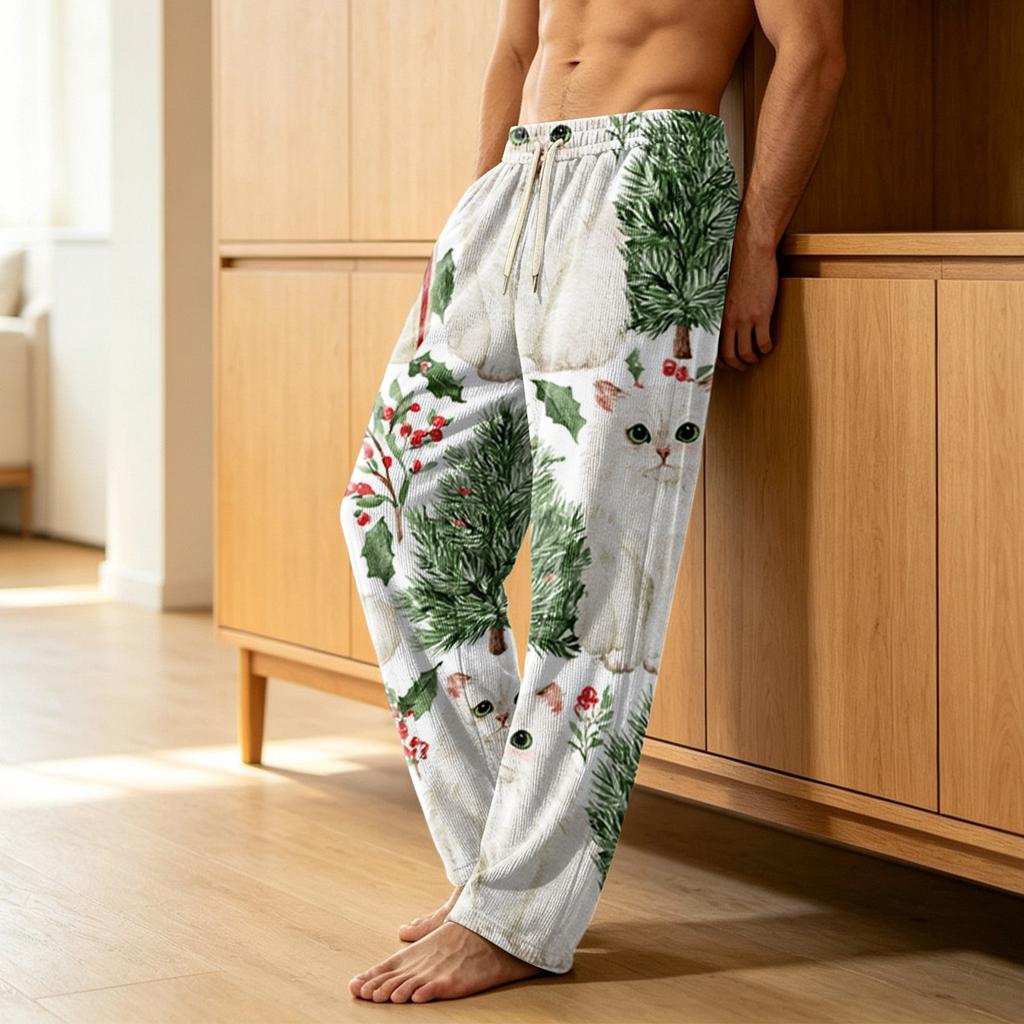 Herren Corduroy Schlafanzughose mit Aufdruck und Taschen, Lässige Schlafhose